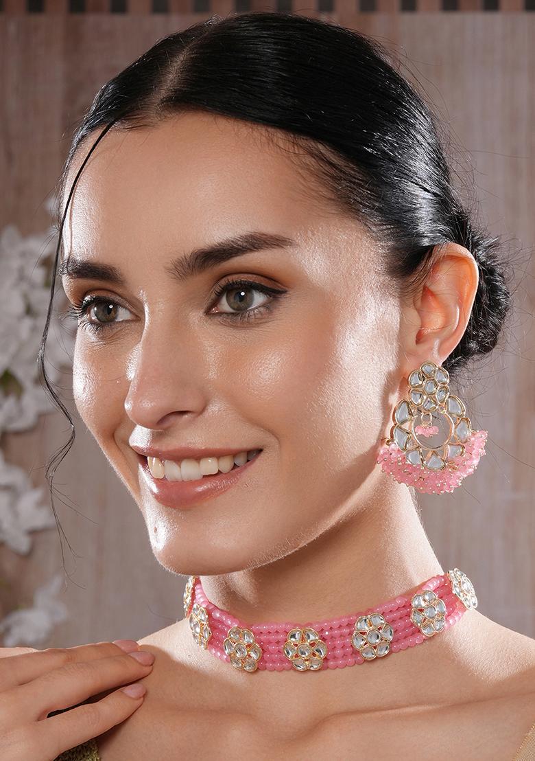 Gold Plated Baby Pink Kundan Studded And Beaded Necklace And Earrings Set