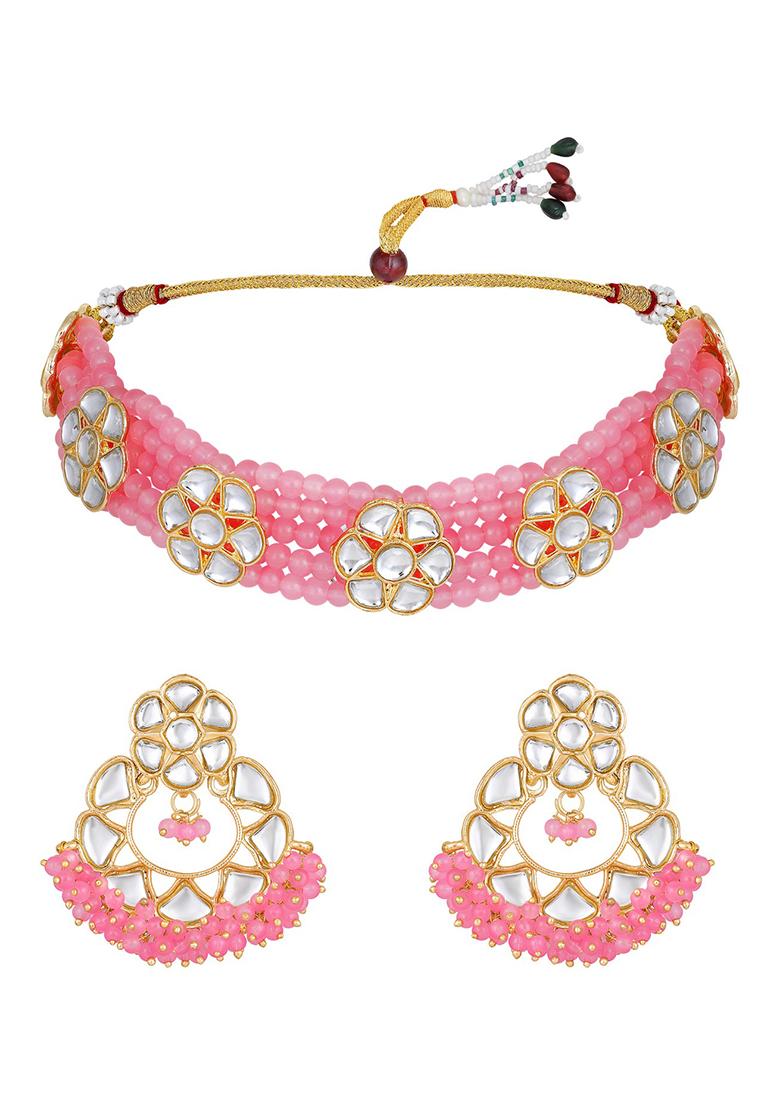 Gold Plated Baby Pink Kundan Studded And Beaded Necklace And Earrings Set