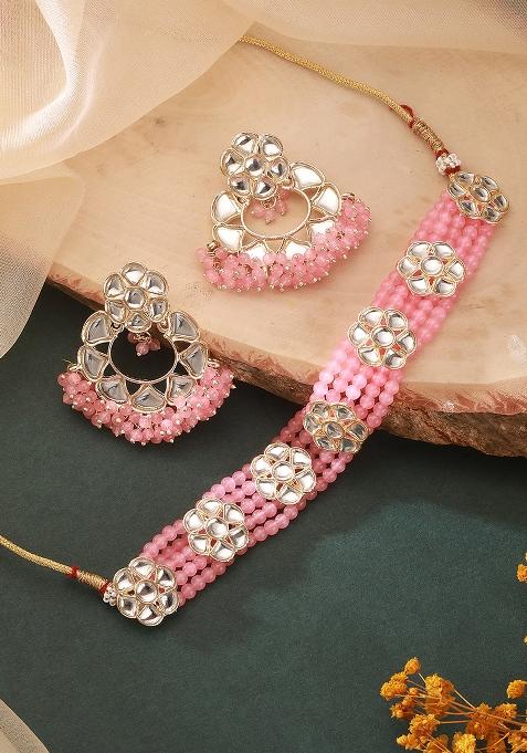 Gold Plated Baby Pink Kundan Studded And Beaded Necklace And Earrings Set