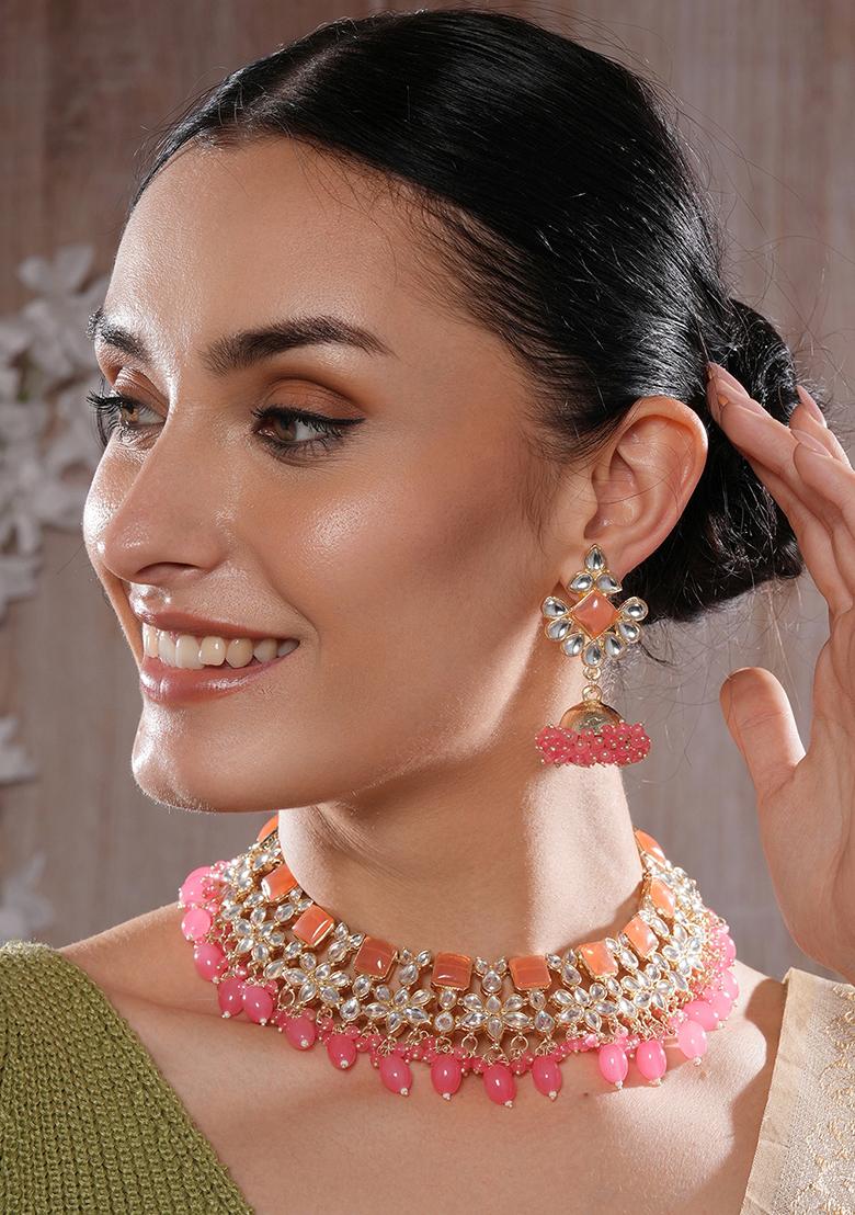 Gold Plated Peach Pink Kundan Studded And Beaded Necklace And Earrings Set
