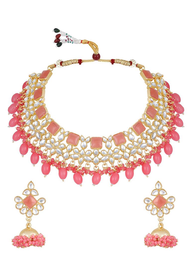 Gold Plated Peach Pink Kundan Studded And Beaded Necklace And Earrings Set