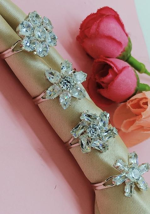 Silver Plated Cubic Zirconia Universal Adjustable Resizable Ring Set Of 4