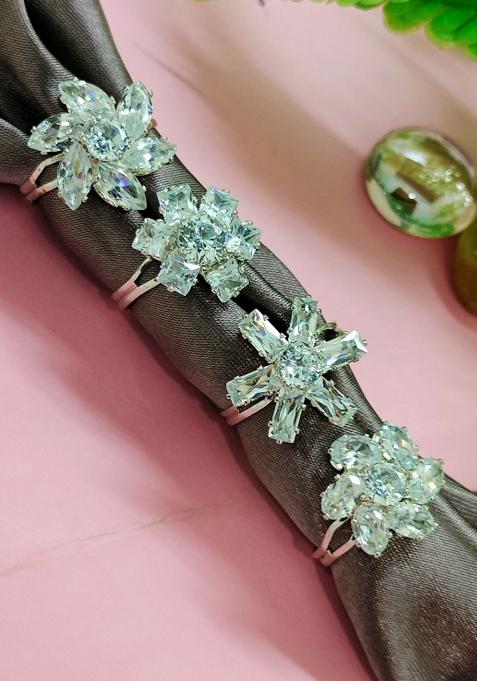 Silver Plated Cubic Zirconia Universal Adjustable Resizable Ring Set Of 4