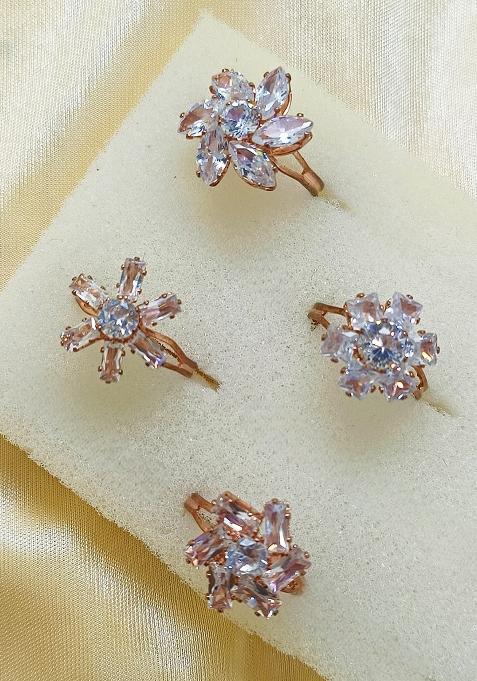Gold Plated Cubic Zirconia Universal Adjustable Resizable Ring Set Of 4