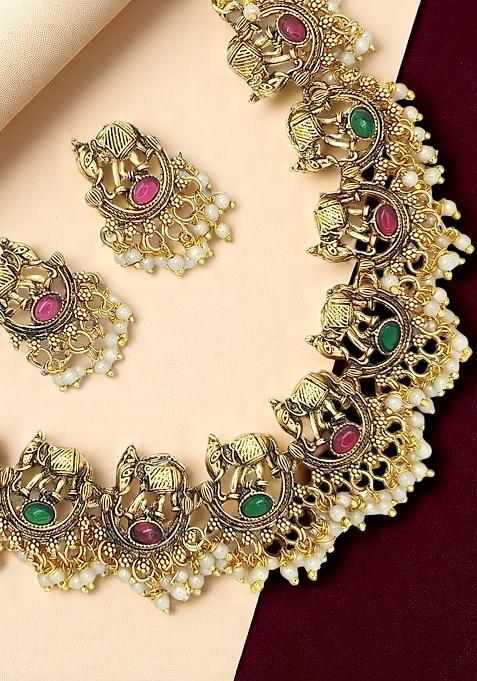 Gold Plated Elephant Motifs Necklace Set