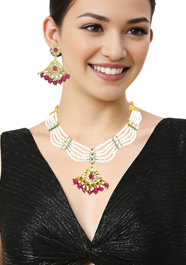 Gold Plated Maroon And White Beaded Kundan Necklace Set