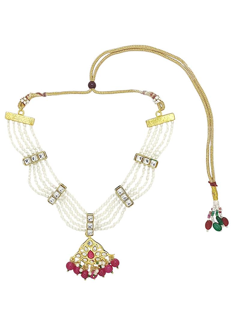 Gold Plated Maroon And White Beaded Kundan Necklace Set