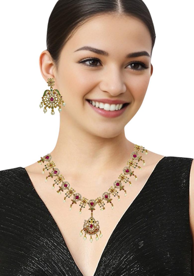 Gold Plated Traditional Multicolor Stones Necklace Set