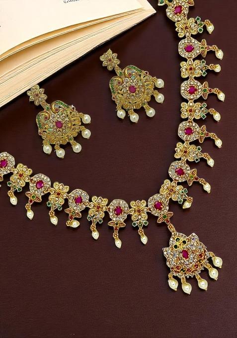 Gold Plated Traditional Multicolor Stones Necklace Set