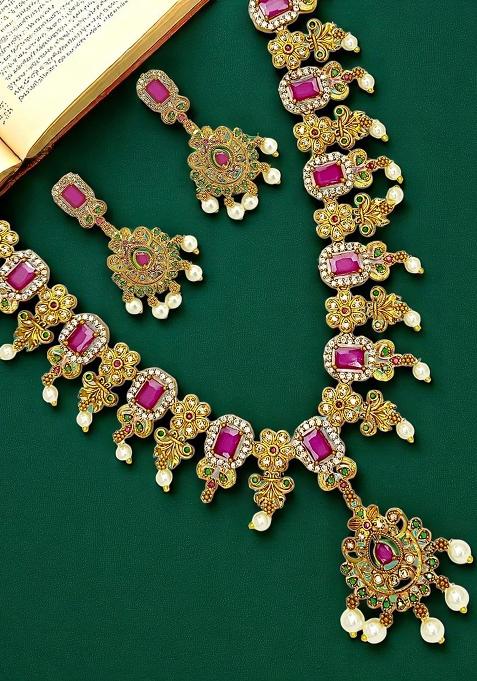 Gold Plated Multicolor Stone Studded Necklace Set