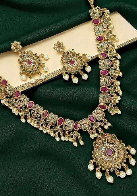 Gold Plated Peacock Stone Studded Necklace Set