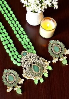 Gold Plated Mint Green Victorian Long Necklace Set