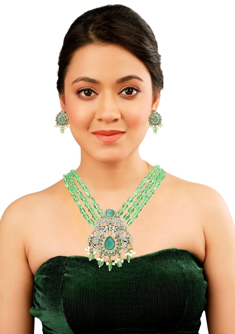 Gold Plated Mint Green Victorian Long Necklace Set