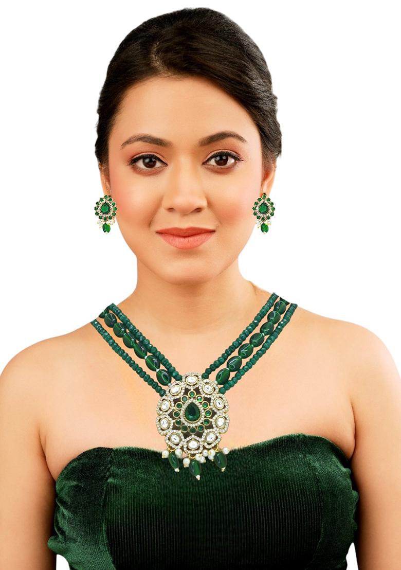 Gold Plated Dark Green Victorian Long Necklace Set