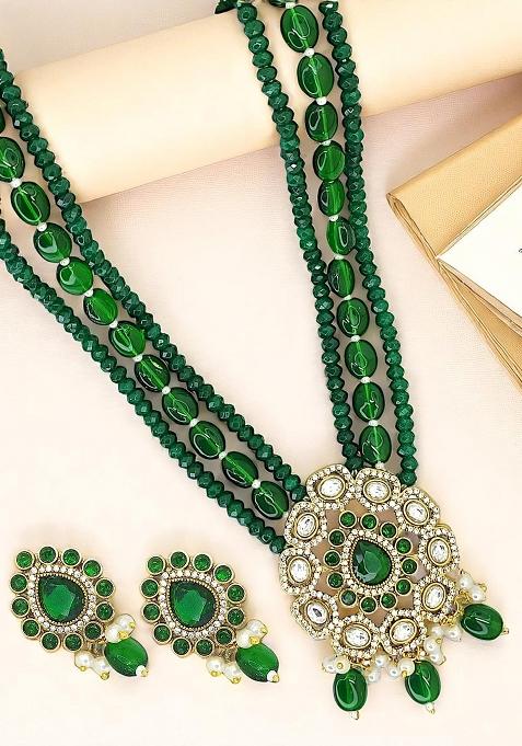 Gold Plated Dark Green Victorian Long Necklace Set