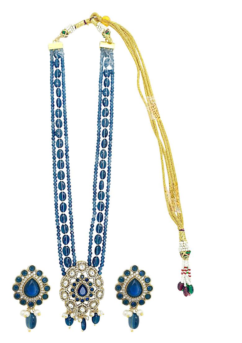 Gold Plated Navy Blue Victorian Long Necklace Set
