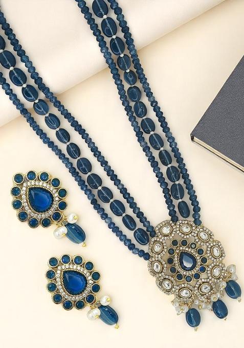 Gold Plated Navy Blue Victorian Long Necklace Set