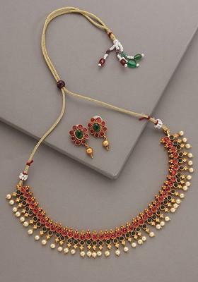 Gold Plated Pink And White Stone Studded And Beaded Jewellery Set