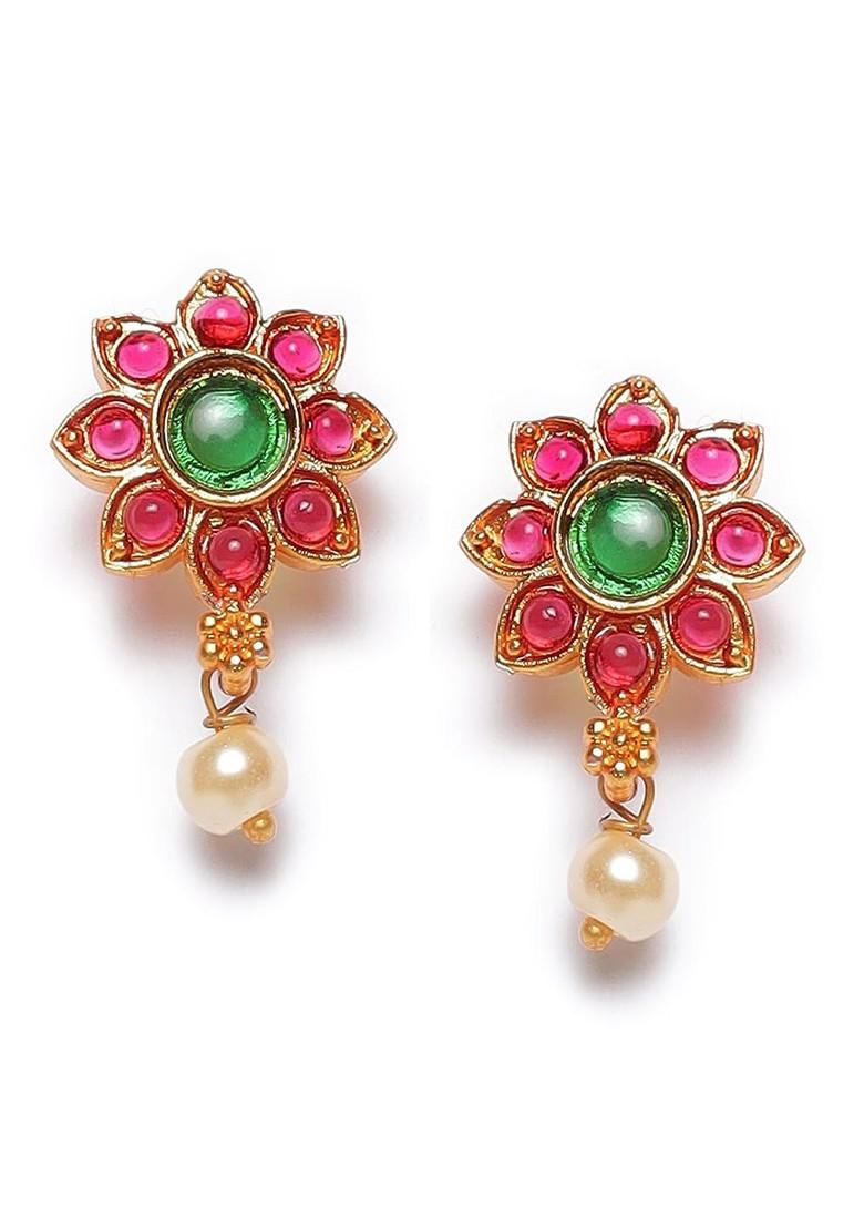 Gold Plated Pink And White Stone Studded And Beaded Jewellery Set