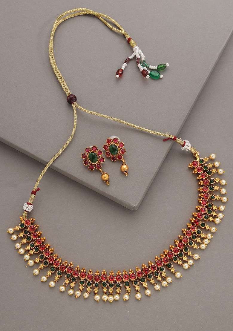 Gold Plated Pink And White Stone Studded And Beaded Jewellery Set - Indya