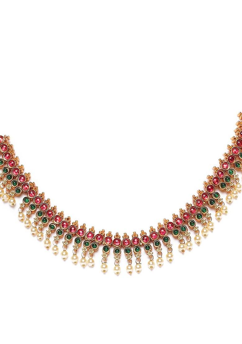 Gold Plated Pink And White Stone Studded And Beaded Jewellery Set