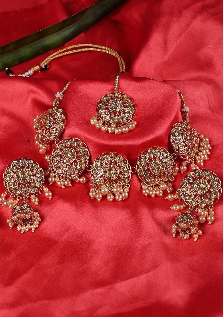 Gold Plated Red And White Stone Studded And Beaded Jewellery Set