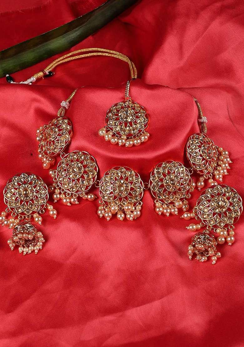 Gold Plated Red And White Stone Studded And Beaded Jewellery Set - Indya