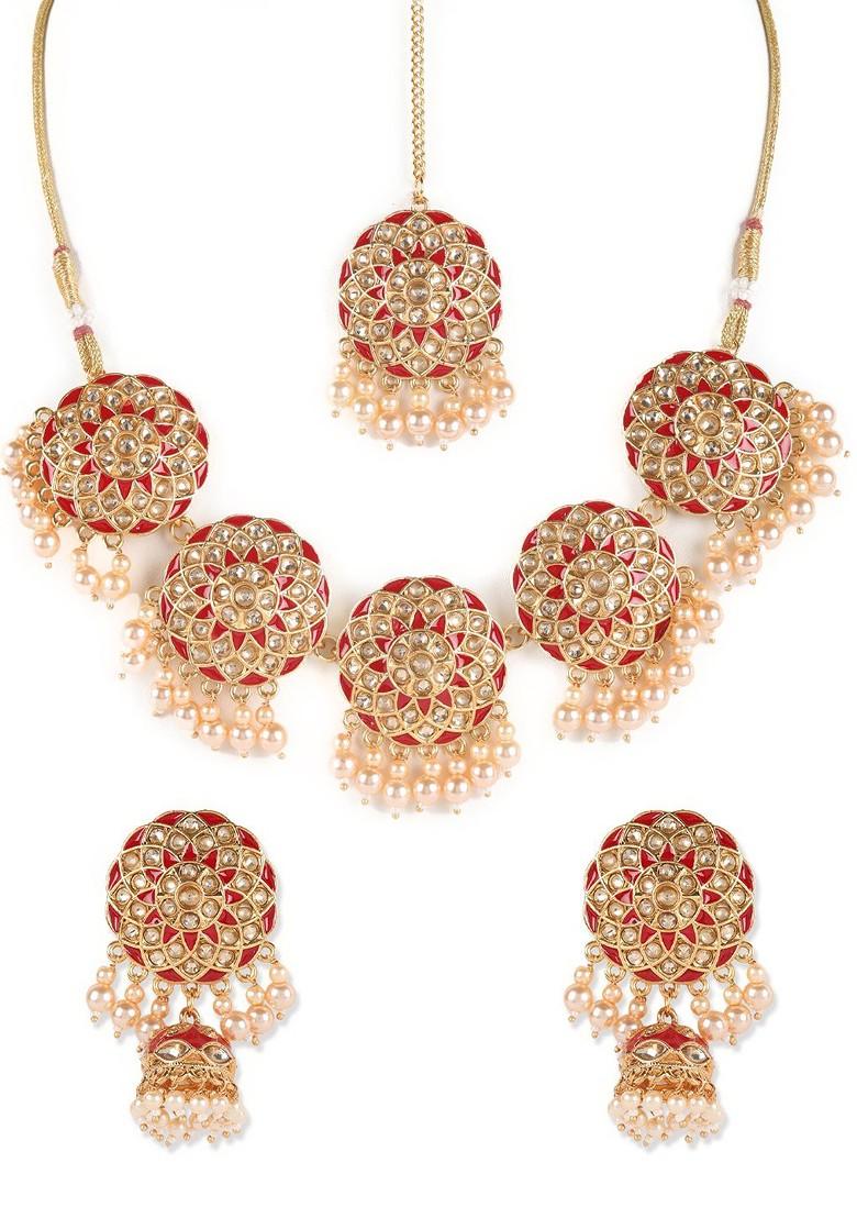 Gold Plated Red And White Stone Studded And Beaded Jewellery Set