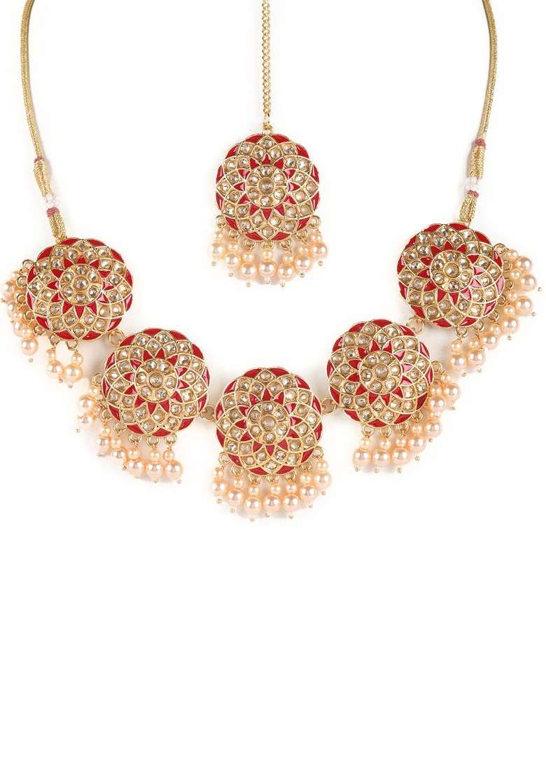 Gold Plated Red And White Stone Studded And Beaded Jewellery Set - Indya