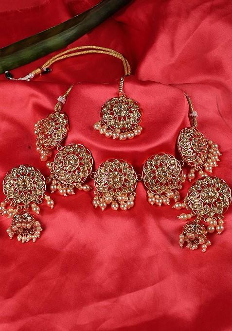 Gold Plated Red And White Stone Studded And Beaded Jewellery Set