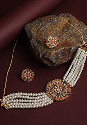 Gold Plated Green And White Stone Studded And Beaded Jewellery Set