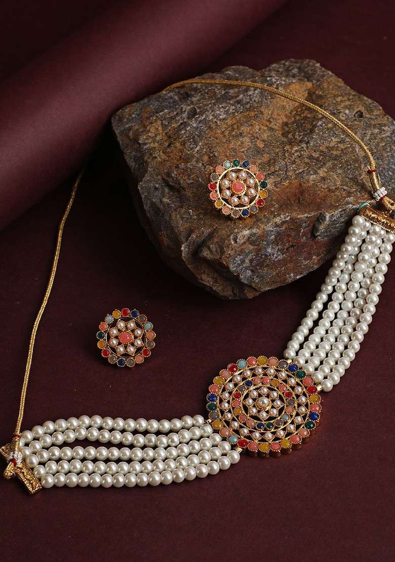 Gold Plated Green And White Stone Studded And Beaded Jewellery Set - Indya