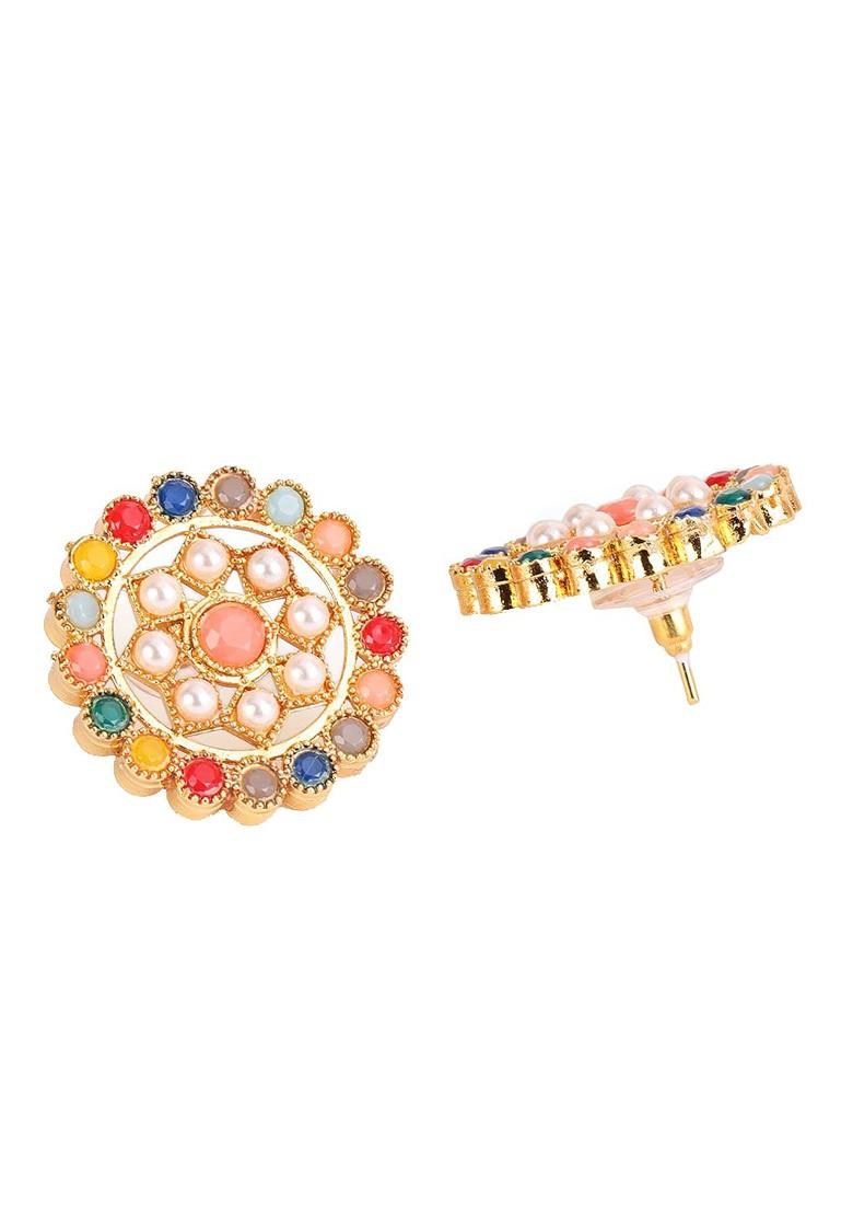 Gold Plated Green And White Stone Studded And Beaded Jewellery Set