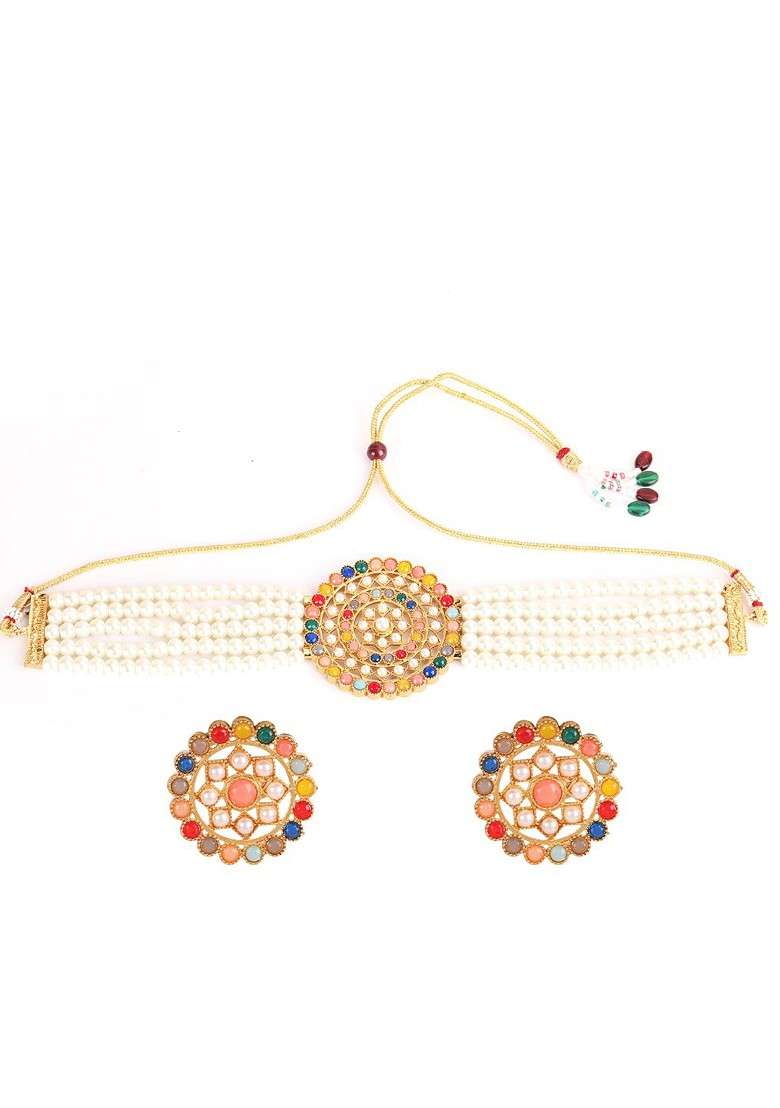 Gold Plated Green And White Stone Studded And Beaded Jewellery Set - Indya