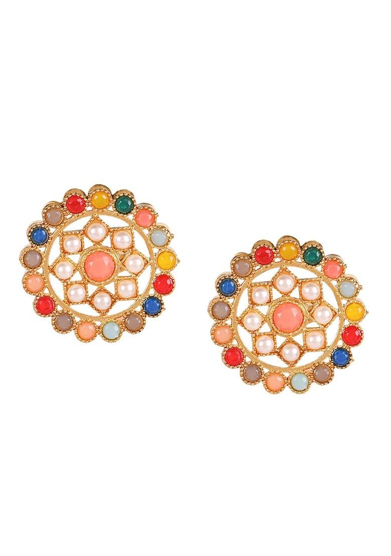 Gold Plated Green And White Stone Studded And Beaded Jewellery Set