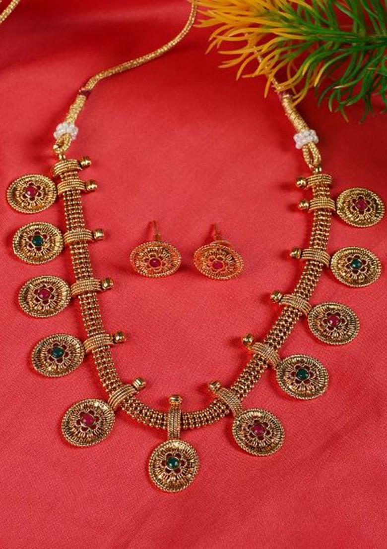 Gold Plated Red And Green Stone Studded Jewellery Set