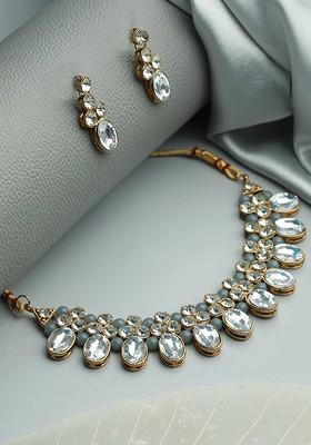 Gold Plated Grey And White Crystals Studded And Beaded Jewellery Set