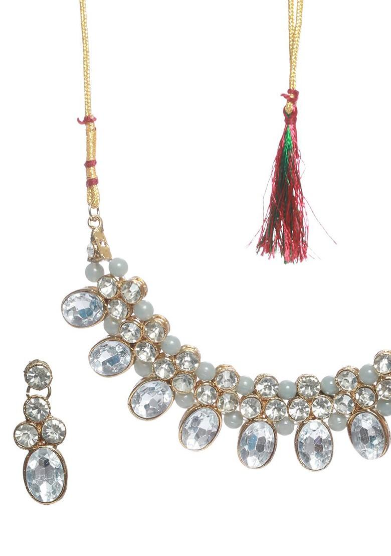 Gold Plated Grey And White Crystals Studded And Beaded Jewellery Set