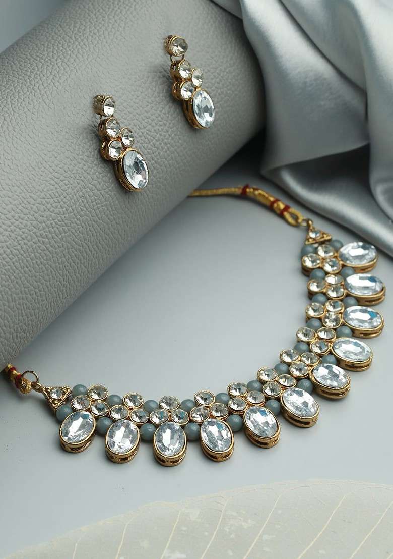 Gold Plated Grey And White Crystals Studded And Beaded Jewellery Set - Indya