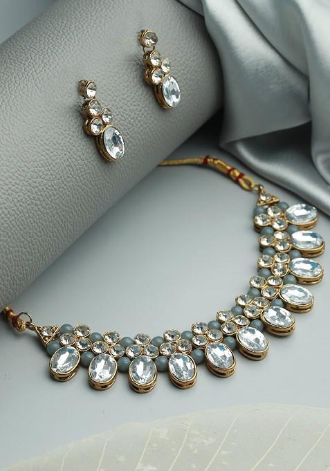 Gold Plated Grey And White Crystals Studded And Beaded Jewellery Set