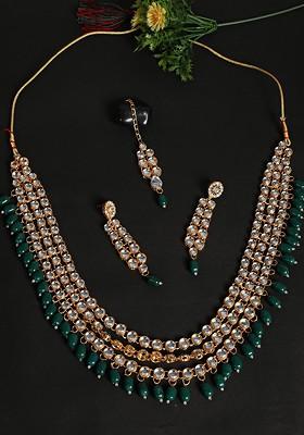 Gold Plated Green Stone And Bead Studded Jewellery Set