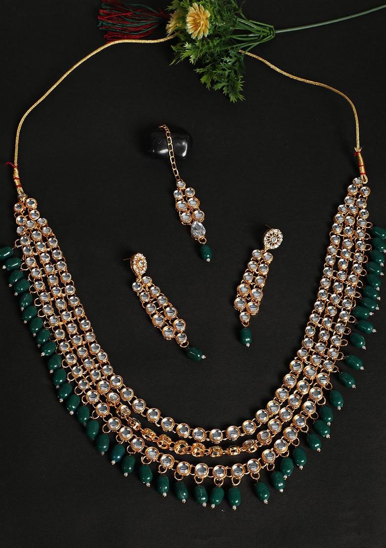 Gold Plated Green Stone And Bead Studded Jewellery Set