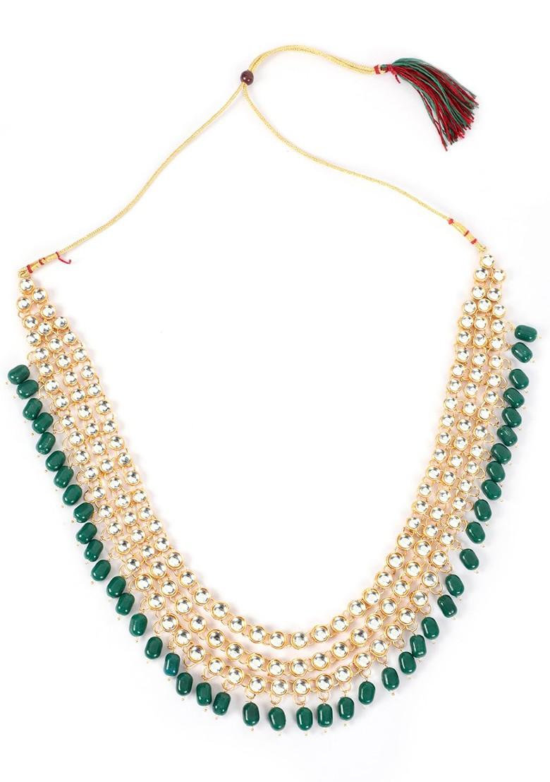 Gold Plated Green Stone And Bead Studded Jewellery Set