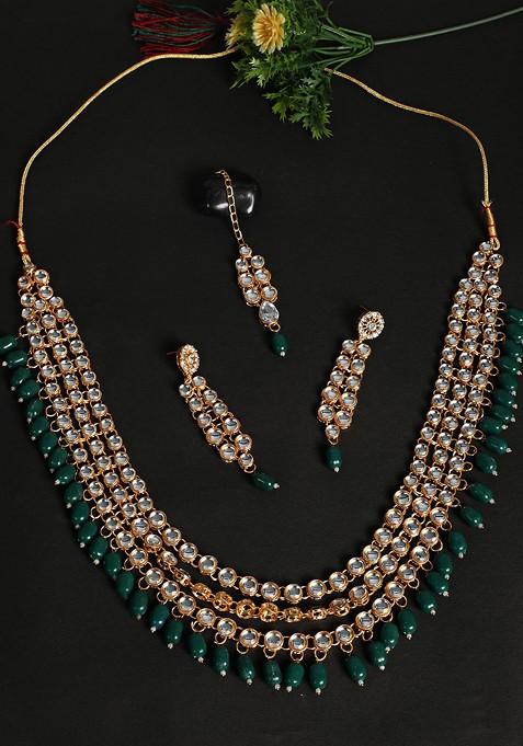 Gold Plated Green Stone And Bead Studded Jewellery Set