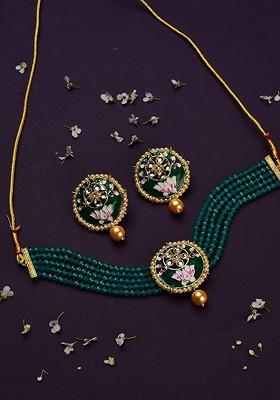 Gold Plated Sea Green Kundan Studded And Beaded Meenakari Jewellery Set