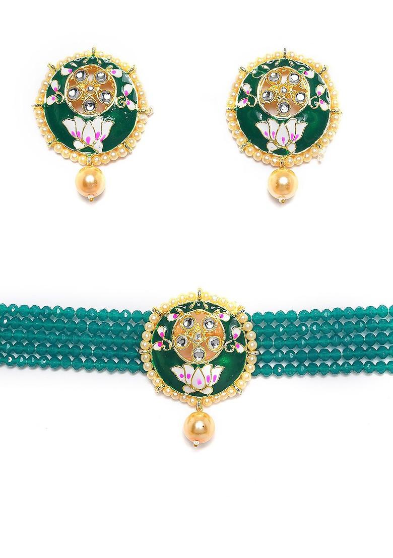 Gold Plated Sea Green Kundan Studded And Beaded Meenakari Jewellery Set