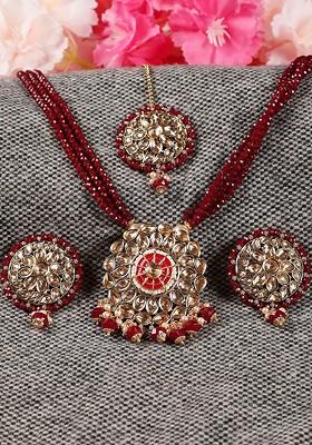 Gold Plated Maroon Red Kundan Studded And Beaded Jewellery Set