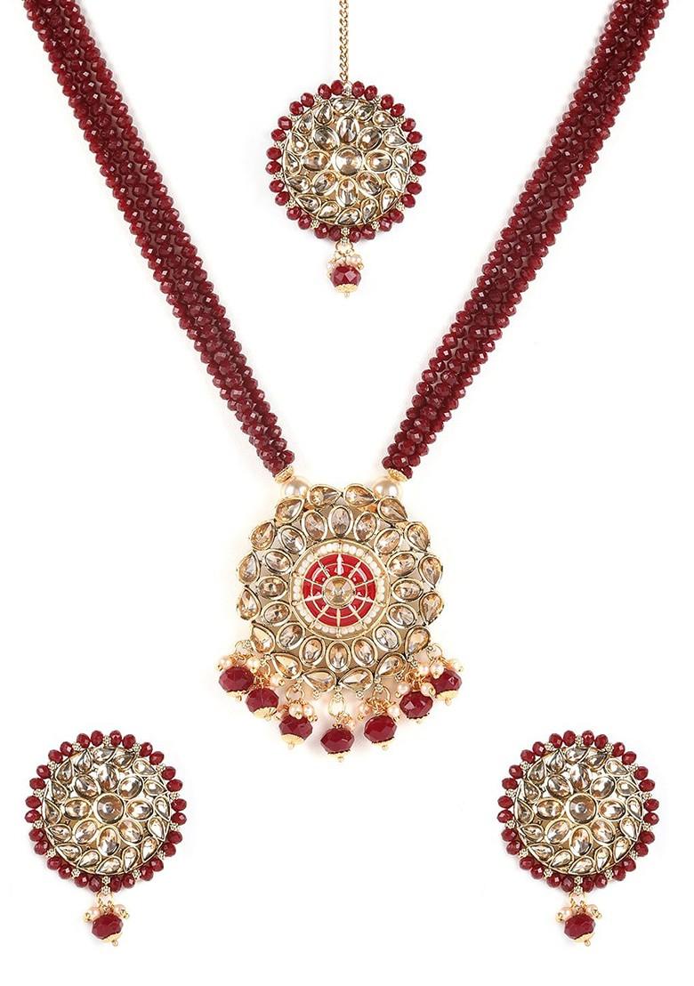 Gold Plated Maroon Red Kundan Studded And Beaded Jewellery Set