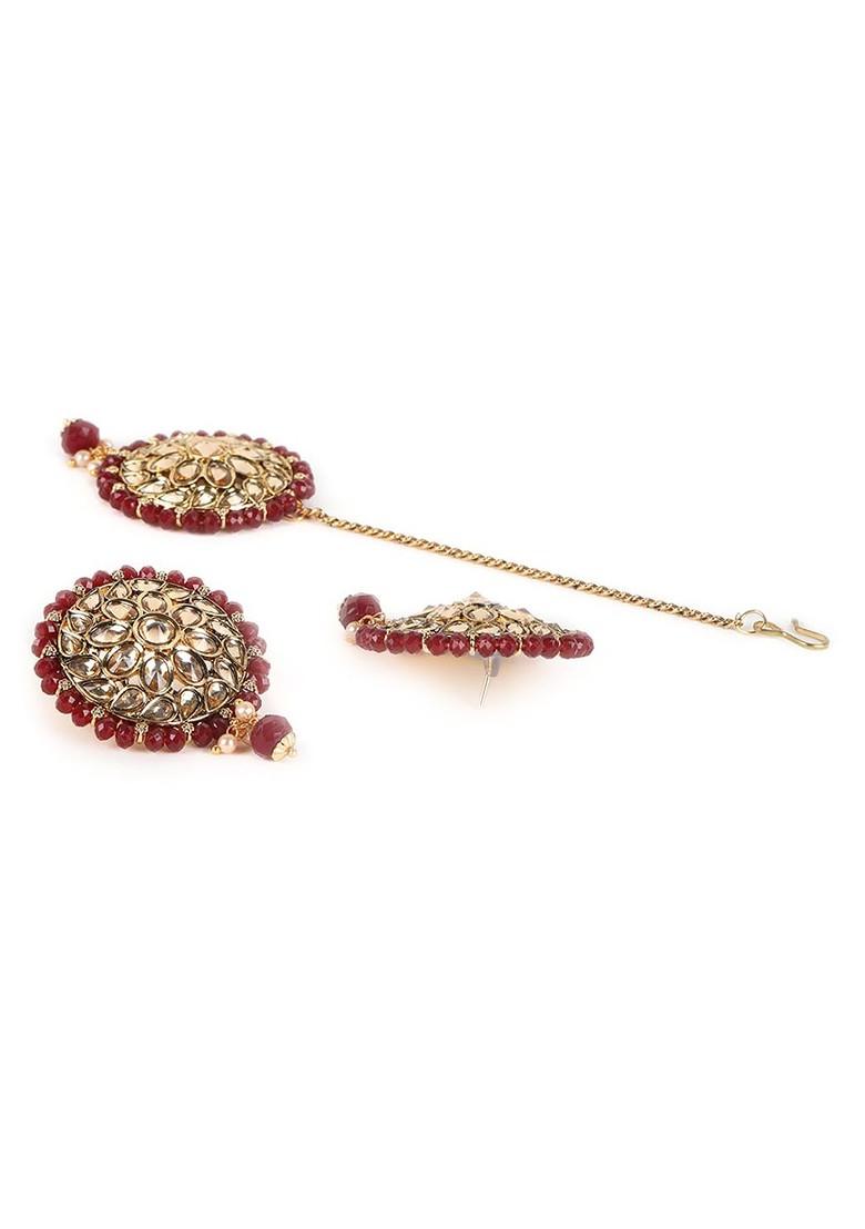 Gold Plated Maroon Red Kundan Studded And Beaded Jewellery Set