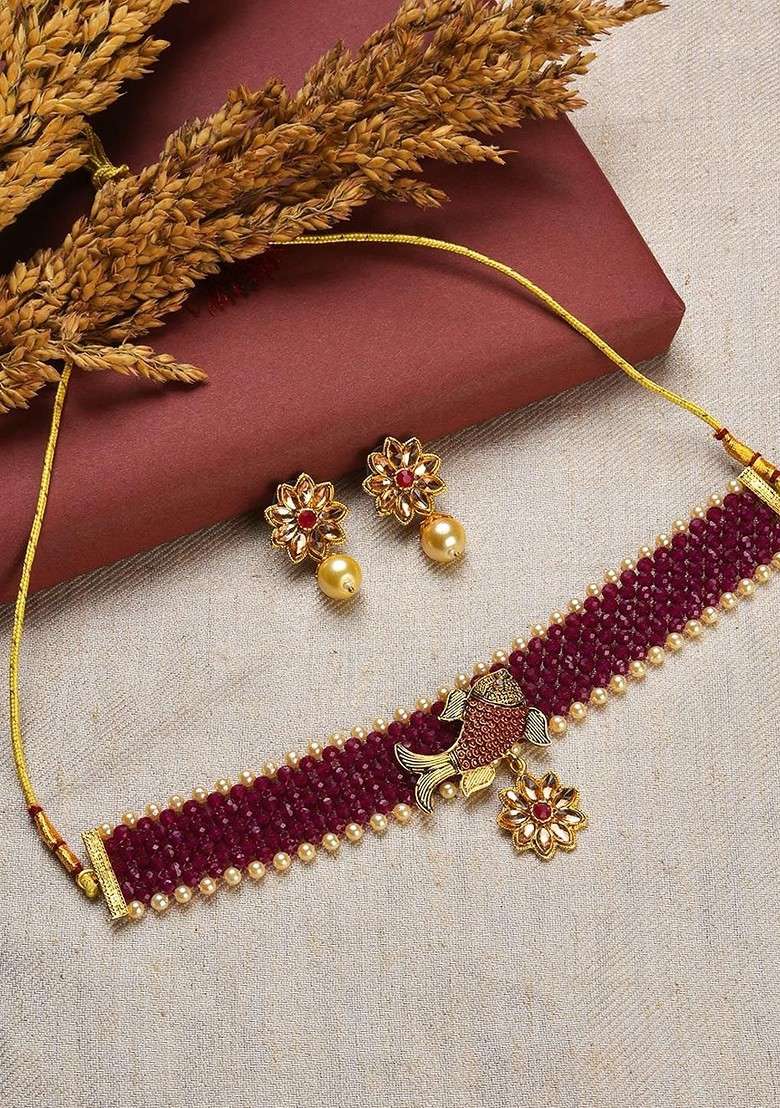 Gold Plated Maroon Stone Studded And Pearl Beaded Jewellery Set - Indya